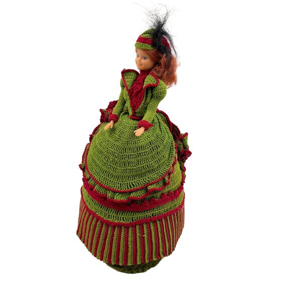 Vintage Scarlet Doll Crochet Dress Green Red Victorian Gown Handmade Barbie - Picture 3 of 10